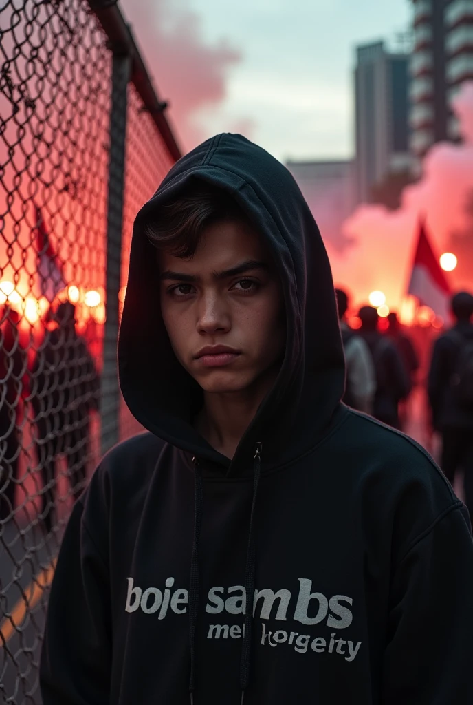 close-up photography of a student, emo hair, wearing a black hoodie with the words "bojes sambas", expression of disappointment, anger, standing next to a barbed wire fence, while holding a large banner with the words "Indonesia is emergency", and many red and white flags, Background: demo atmosphere, afternoon, flare smoke, Jakarta city, lots of police, Canon water cars, very chaotic atmosphere, dramatic, realistic, lots of students, 34k ultra full HD.