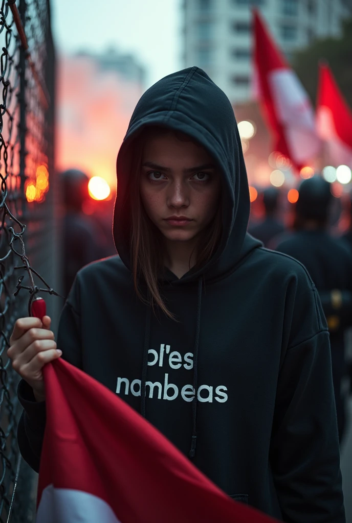 close-up photography of a student, emo hair, wearing a black hoodie with the words "bojes sambas", expression of disappointment, anger, standing next to a barbed wire fence, while holding a large banner with the words "Indonesia is emergency", and many red and white flags, Background: demo atmosphere, afternoon, flare smoke, Jakarta city, lots of police, Canon water cars, very chaotic atmosphere, dramatic, realistic, lots of students, 34k ultra full HD.