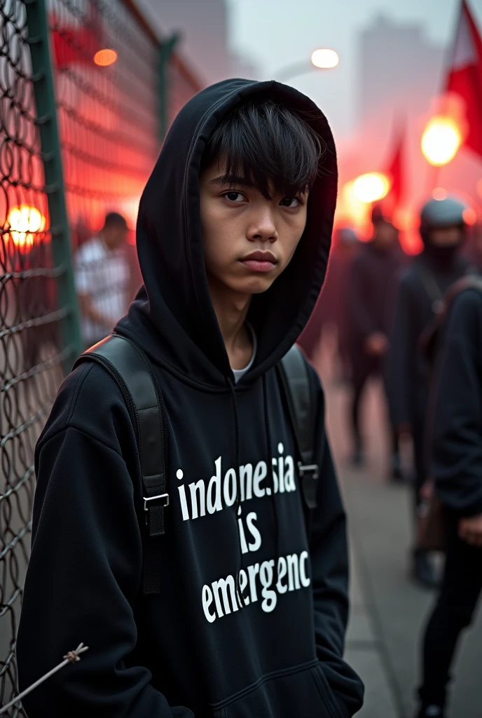 close-up photography of a student, emo hair, wearing a black hoodie with the words "bojes sambas", expression of disappointment, anger, standing next to a barbed wire fence, while holding a large banner with the words "Indonesia is emergency", and many red and white flags, Background: demo atmosphere, afternoon, flare smoke, Jakarta city, lots of police, Canon water cars, very chaotic atmosphere, dramatic, realistic, lots of students, 34k ultra full HD.