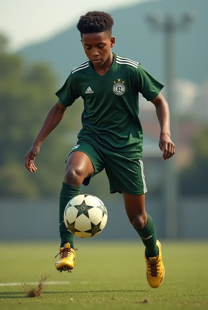 Strong dark-skinned boy doing keepy-uppies with a soccer ball wearing the dark green Palmeiras shirt