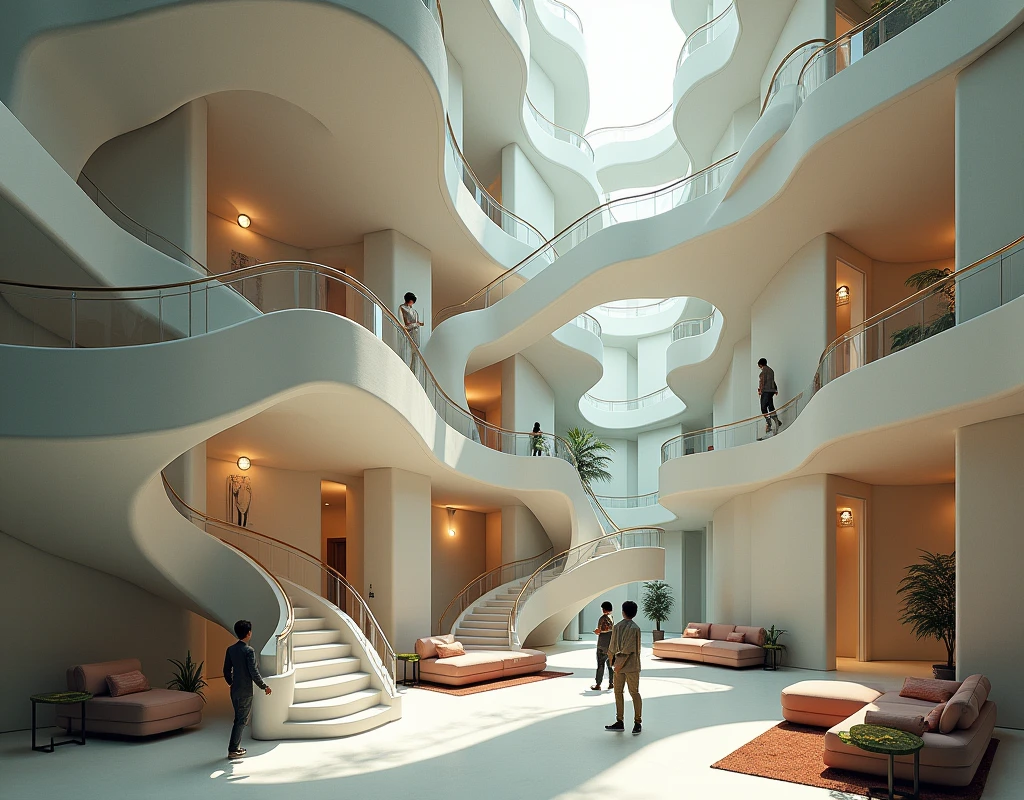 Modern maze with stairs, living rooms, halls, all with a sense of unlogical gravity, stairs turn, furniture holding to the ceiling, walkway to the vertical,