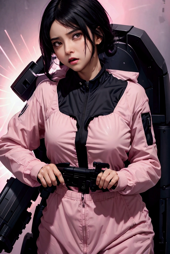 Black Hair　  The waist is small　She is looking at me and crying in anger　Wearing a pink mech suit and holding a gun　