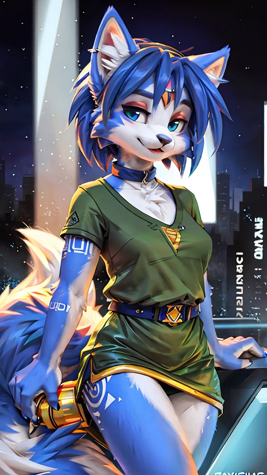 A beautiful and detailed (cute portrait) wa ((krystal)), Star Fox krystal, sslim, lovable, green eyes, medium breasts, (((Long blue hair 1.3))), Decollete, anthro, furry, Uploaded E621, detailed fluffy fur, (wa Fluff-Kevlar, Bayard Wu, Pino Daeni), detailed face, (fluffy), 1 girl, alone, sweet girl, tunic