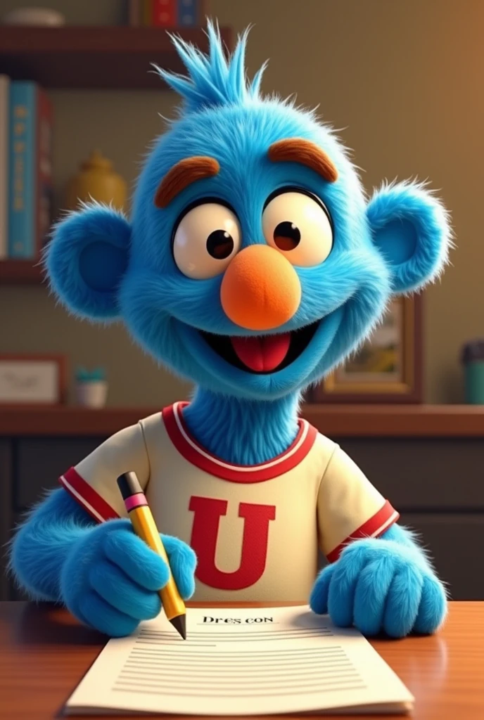 a cheerful blue Sesame Street character, Pancho Contreras, with yellow eyes with black pupils, an egg-colored nose, brown eyebrows, wearing a cream-colored soccer jersey with a cherry-colored U, signing a contract,