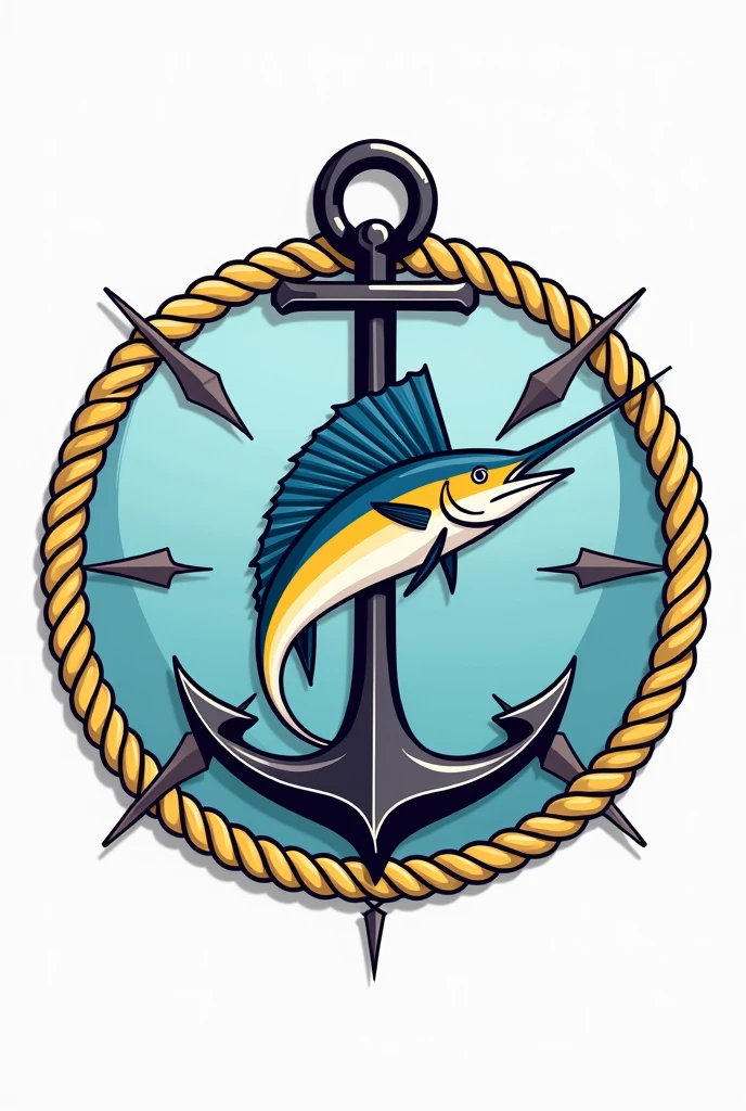 Make a circular shield with a sailfish in the center, with an anchor at the bottom of the circle With a gold rope outline at the bottom and chain at the top, and that it has the 4 cardinal points in the background inside the circle That only shows the four points no more That it is a simple design and not so realistic or in 3D