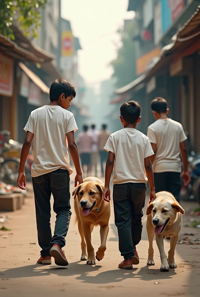 A special team named INDRADHANU of three boys and one girl with white t shirt and black pant helping the street dogs in streets of  india 