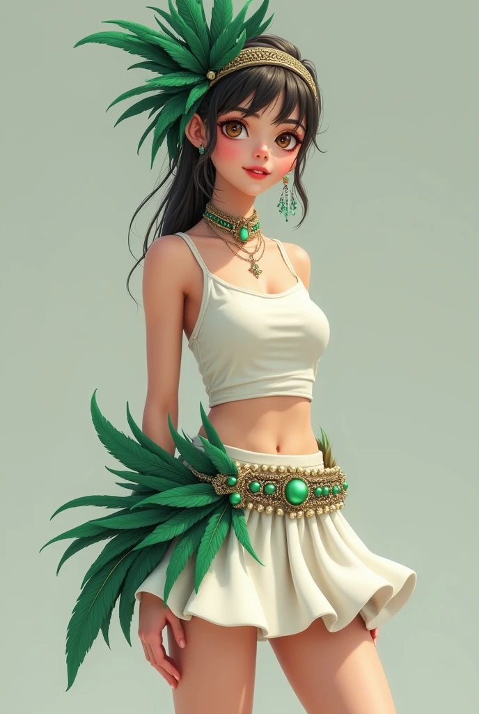 dressed in a short white thigh-length skirt, with a white belt that has green and dark feathers stuck to it, white sleeveless crop top with an accessory made up of feathers in different shades of dark green worn on the side of the head, held by a band that wraps around the forehead.