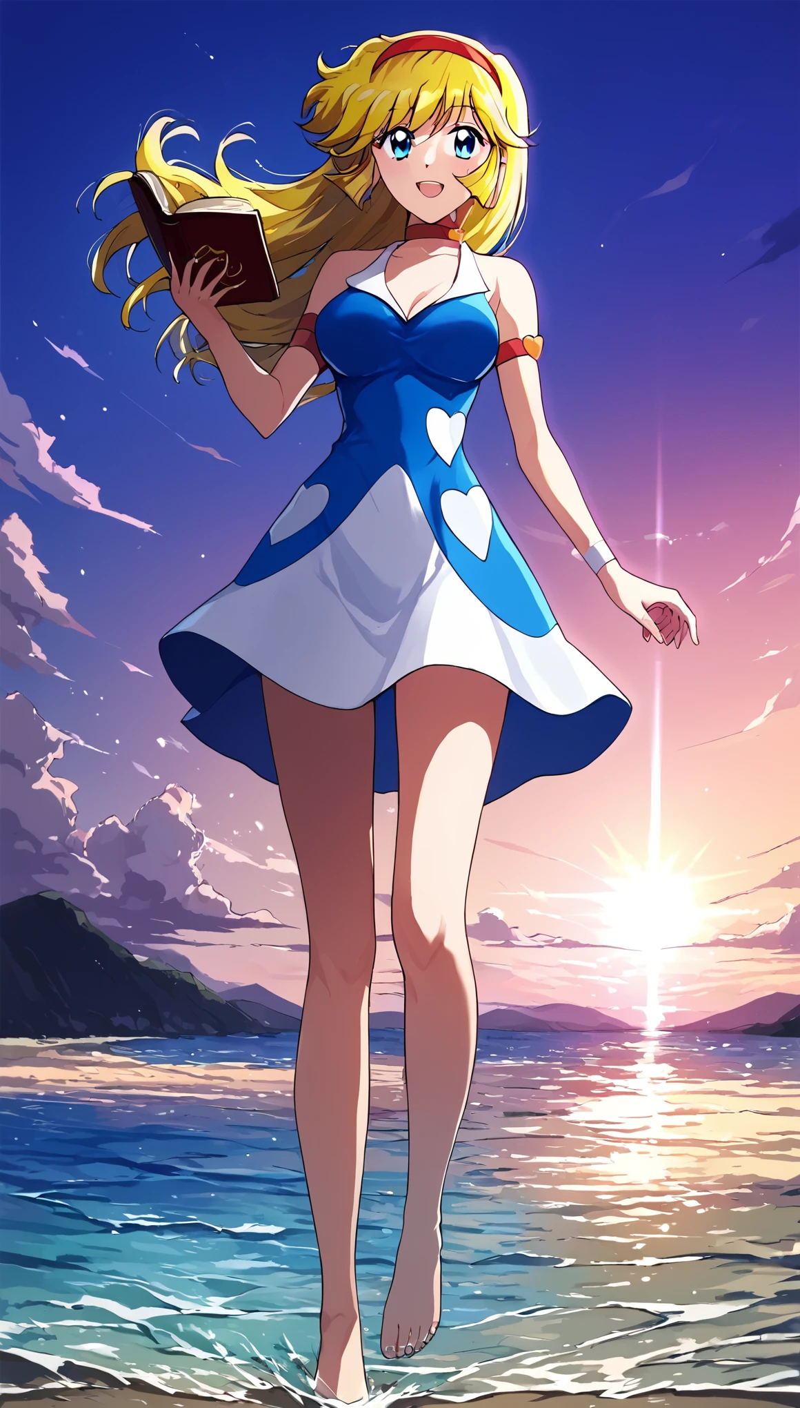 (Anime artwork, Anime Style, Studio Anime, Very detailed, up to date, Vibrant, Anime Coloring Book, High Contrast, masterpiece:1.2, Highest quality, Best aesthetics),((kisaragi honey:1.4)), (blonde hair:1.1), summer dress, (hair band, red), BREAK score_9, score_8_up, score_7_up, source_anime, best quality, (blue eyes:1.1), pink panties, (She walked along the beach in the sunset, her bare feet touching the water, the closest she came to seeing that smile:1.1), (cinematic angle:1.1),