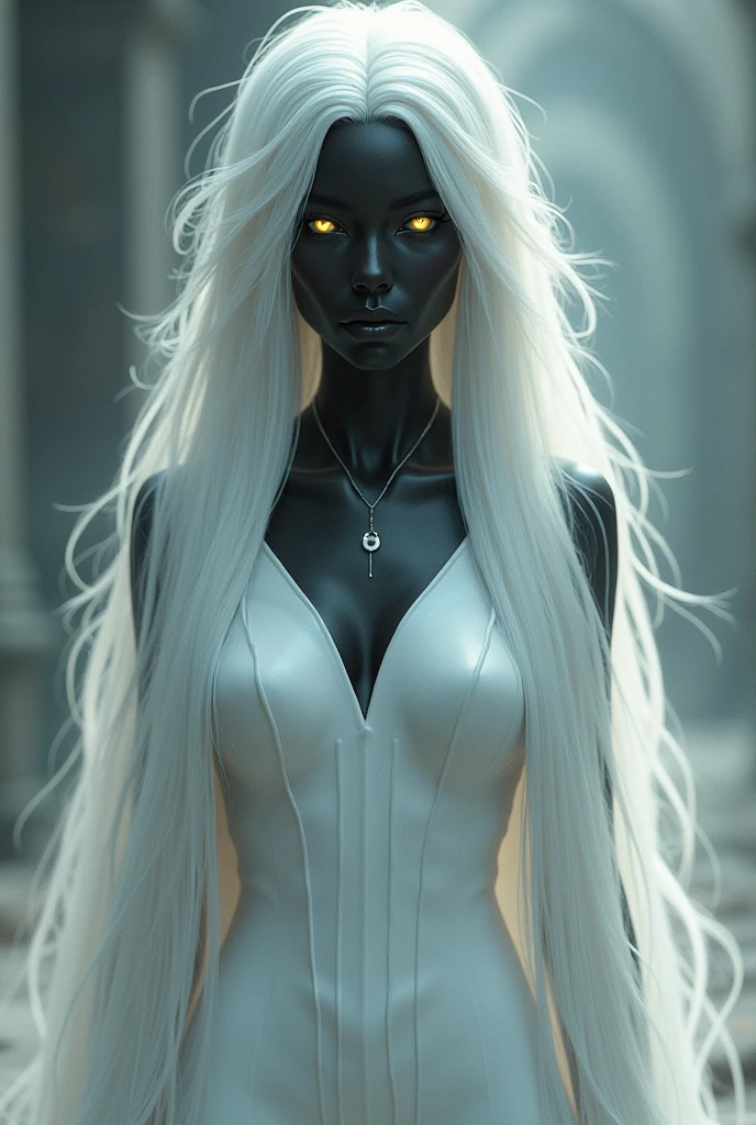 skin black, very long white hair, yellow snake eye, white outfit