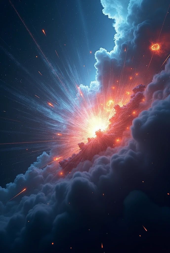 Genret cinematic 3D style Supernova Explosion: A powerful explosion in space where a star has reached the end of its life. The scene is filled with intense light, with shockwaves of energy radiating outward. Debris and colorful gases are scattered across the background, creating a sense of chaos and immense power blu colour
