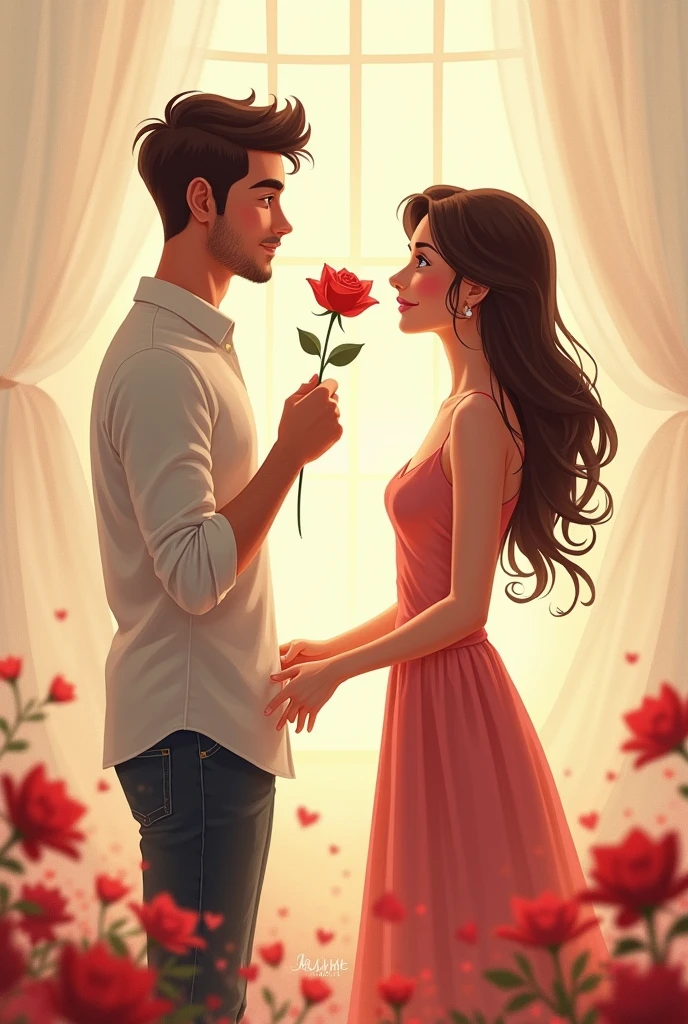 Create a 2d couple drawing,with the male having a rose in hand
