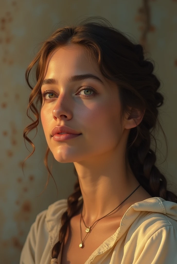 face of a young woman in the time of Christ telling a miracle of Jesus with a smile on her lips looking straight ahead