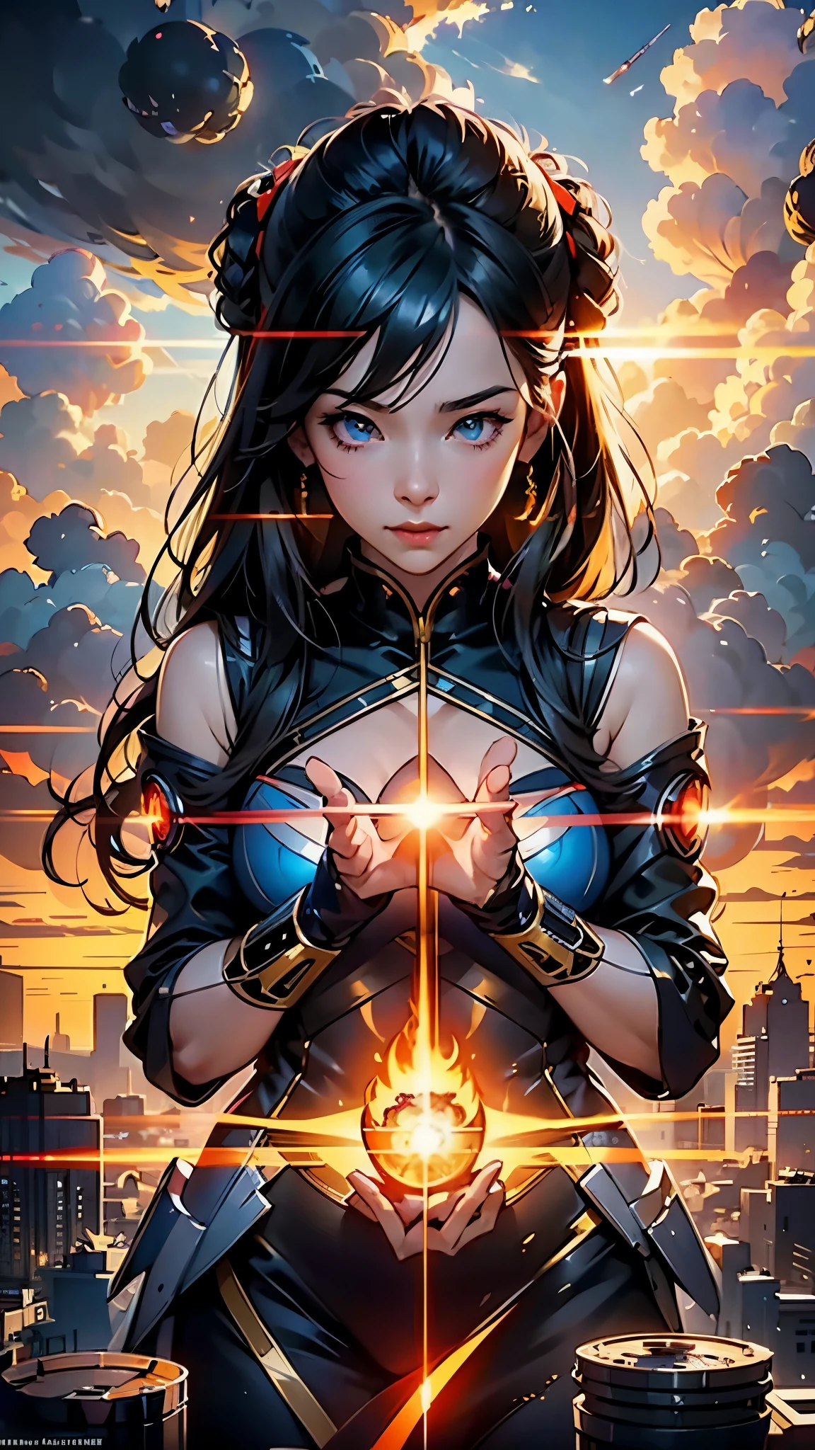 asian cybernetic woman with a glowing fireball in her hands stands in front of a city, shadows, chromatic aberration. Strong light rays cutting horizontally, an emerging holocaust. alena aenami and artgerm, artgerm julie bell beeple, artgerm and atey ghailan, anime fantasy artwork, wojtek fus, extremely detailed artgerm, artwork in the style of guweiz, artgerm and rossdraws