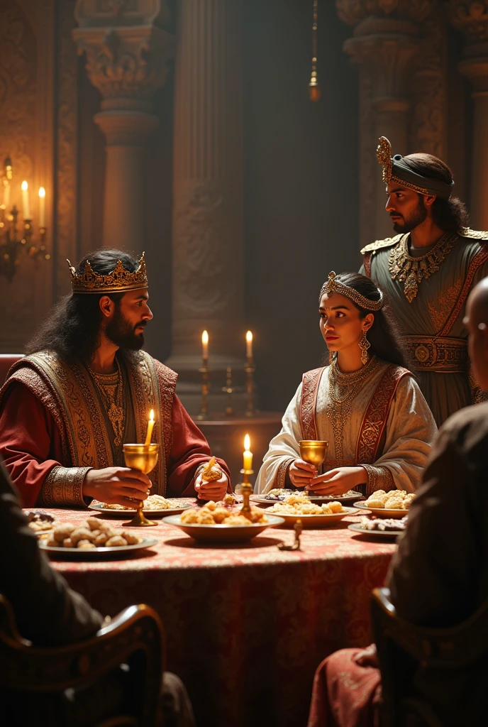 King of Persia sitting at table with queen and royal officer add golden cups in their hands add Persian attire