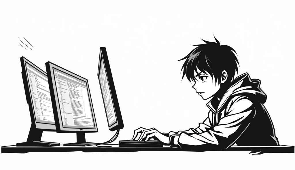 black and white hacker type vector manga looking at several screens horizontal white background only the lines of the edges in black without fills comic type