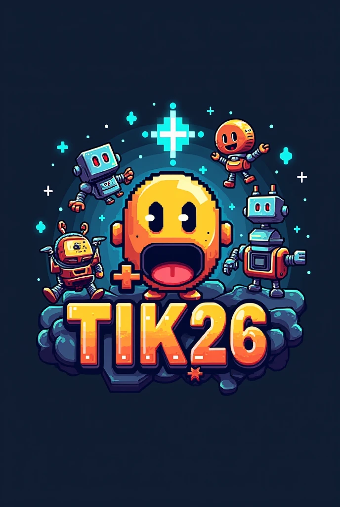pixel logo for class with computers, ++ in pac-man's mouth, robots and text TiK26 with T and K capitalize