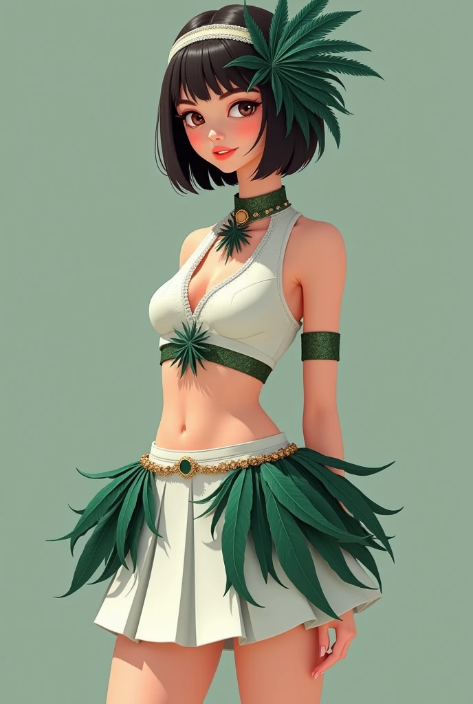 dressed in a short white thigh-length skirt, with a white belt that has green and dark feathers stuck to it, white sleeveless crop top with an accessory made up of feathers in different shades of dark green worn on the side of the head, held by a band that wraps around the forehead.