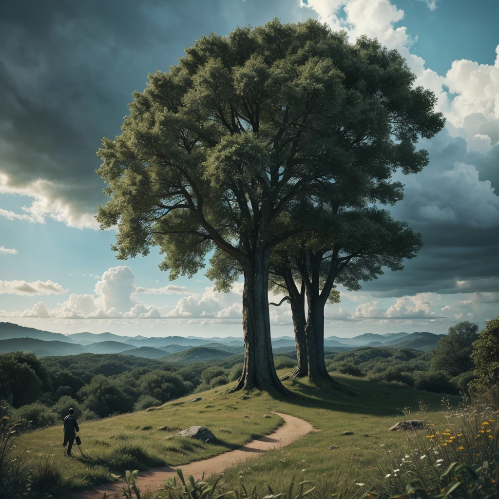 a cinematic 3d cartoon style, mysterious landscape, cloudy sky, trees moving by themselves, concerned people discussing a sage, vibrant colors, dramatic lighting, fantasy, surreal, highly detailed, (best quality,4k,8k,highres,masterpiece:1.2),ultra-detailed,(realistic,photorealistic,photo-realistic:1.37),cinematic composition,dramatic atmosphere,mystical elements,hyper detailed,imaginative,magical realism