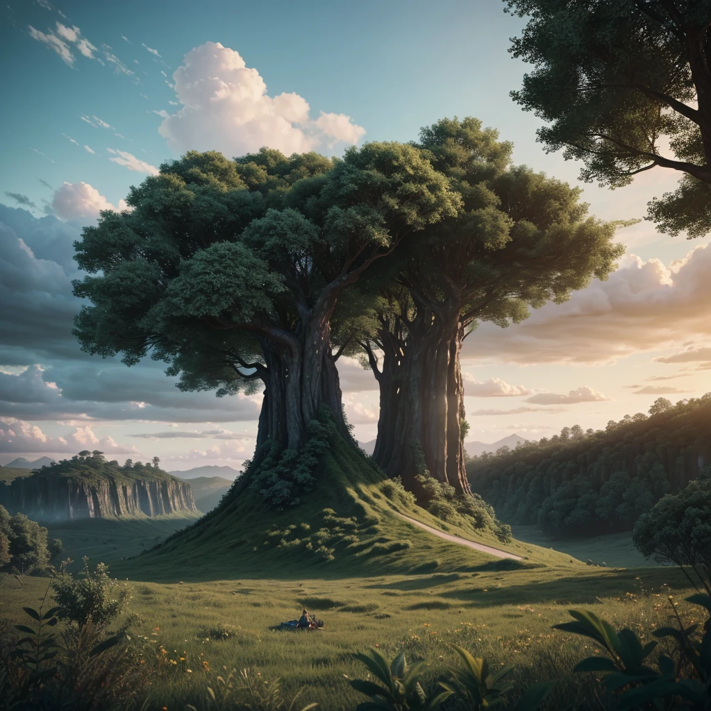 a cinematic 3d cartoon style, mysterious landscape, cloudy sky, trees moving by themselves, concerned people discussing a sage, vibrant colors, dramatic lighting, fantasy, surreal, highly detailed, (best quality,4k,8k,highres,masterpiece:1.2),ultra-detailed,(realistic,photorealistic,photo-realistic:1.37),cinematic composition,dramatic atmosphere,mystical elements,hyper detailed,imaginative,magical realism