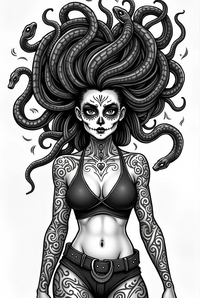(Black and white doodle style cartoon) empowered woman, with snake hair, attention to hair details, jellyfish style, several snakes in the hair, snake heads in hair with snakes attacking. mexican skull makeup, eyes browns, tattooed, moto custom
