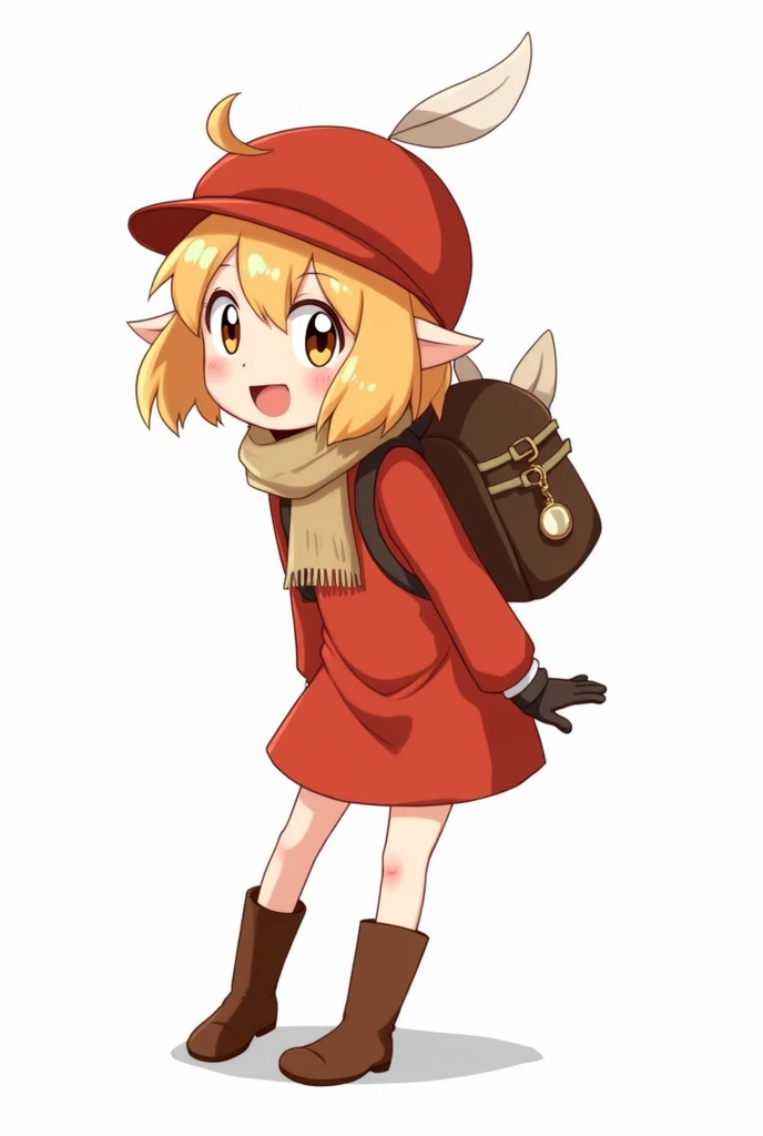 klee,1girl,solo,looking at viewer,white background,simple background,:d,leaning forward,red headwear,red dress,brown scarf,bloomers,hat feather,brown gloves,knee boots,kneehighs,backpack,backpack pendant,pointy ears,