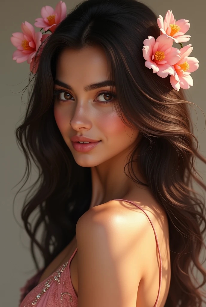 Beautiful ,23 years young girl,confident looking,8k,realistic,dark brown hair,fair skin, indian,long hair,clear facial features, wearing beautiful dress and flowers 🌷🌹and hairs on face make it seductive effect,full body