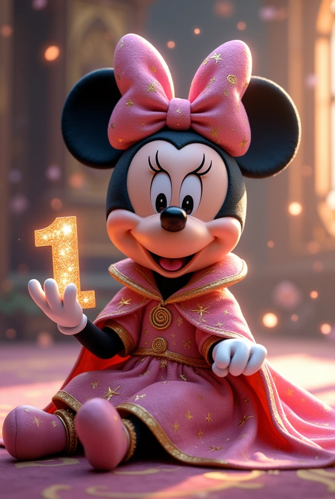 Create an image of baby minnie Mouse wearing an elaborate fantasy-themed costume. Her ears should have a night sky design with gold stars and spiral patterns on a dark pink background... minnie'Your face should have its classic happy expression with bright eyes, round nose and a wide smile. Your clothes should resemble your real appearance., Predominantly pink with intricate gold embellishments. The costume should feature rich and heavenly patterns., with a high collar and a luxurious cape that falls behind. The overall aesthetic should be magical and majestic.., making minnie look like a character from a fantasy kingdom. Wanna, that the baby Minnie is sitting and with one hand, grabbing the birthday number 1