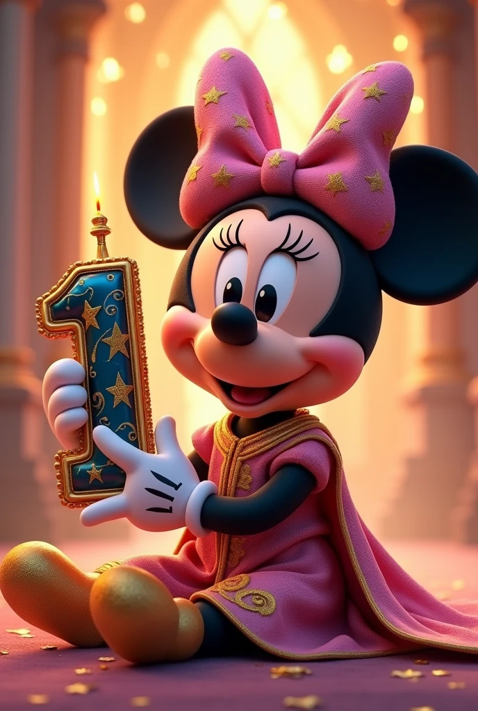 Create an image of baby minnie Mouse wearing an elaborate fantasy-themed costume. Her ears should have a night sky design with gold stars and spiral patterns on a dark pink background... minnie&#39;Your face should have its classic happy expression with bright eyes, round nose and a wide smile. Your clothes should resemble your real appearance., Predominantly pink with intricate gold embellishments. The costume should feature rich and heavenly patterns., with a high collar and a luxurious cape that falls behind. The overall aesthetic should be magical and majestic.., making minnie look like a character from a fantasy kingdom. Wanna, that the baby Minnie is sitting and with one hand, grabbing the birthday number 1