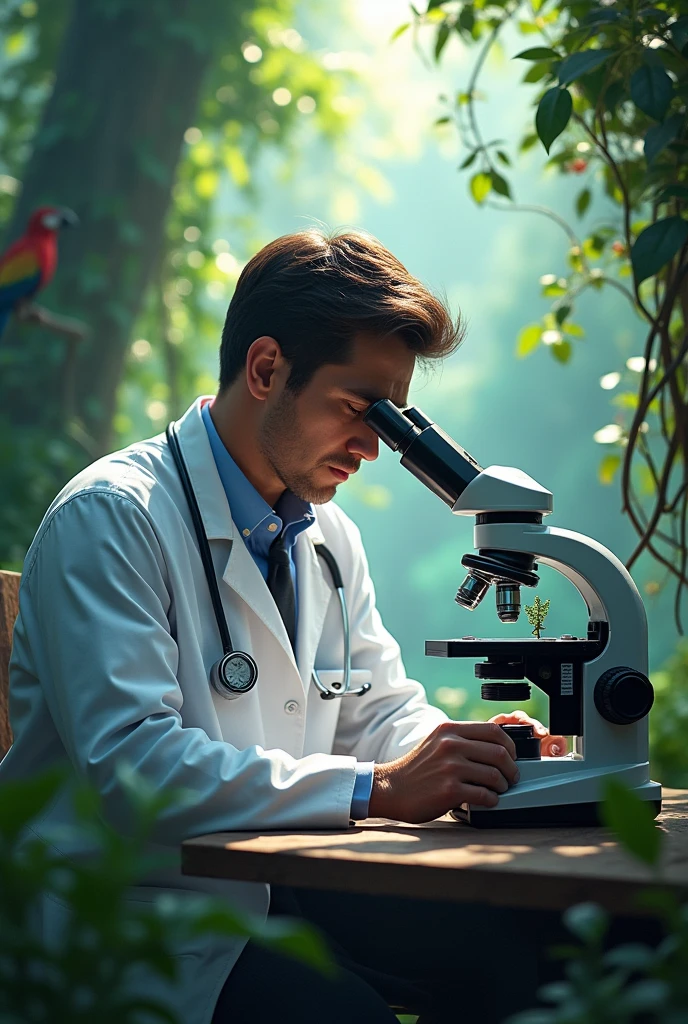 A doctor with microscope In gungle
