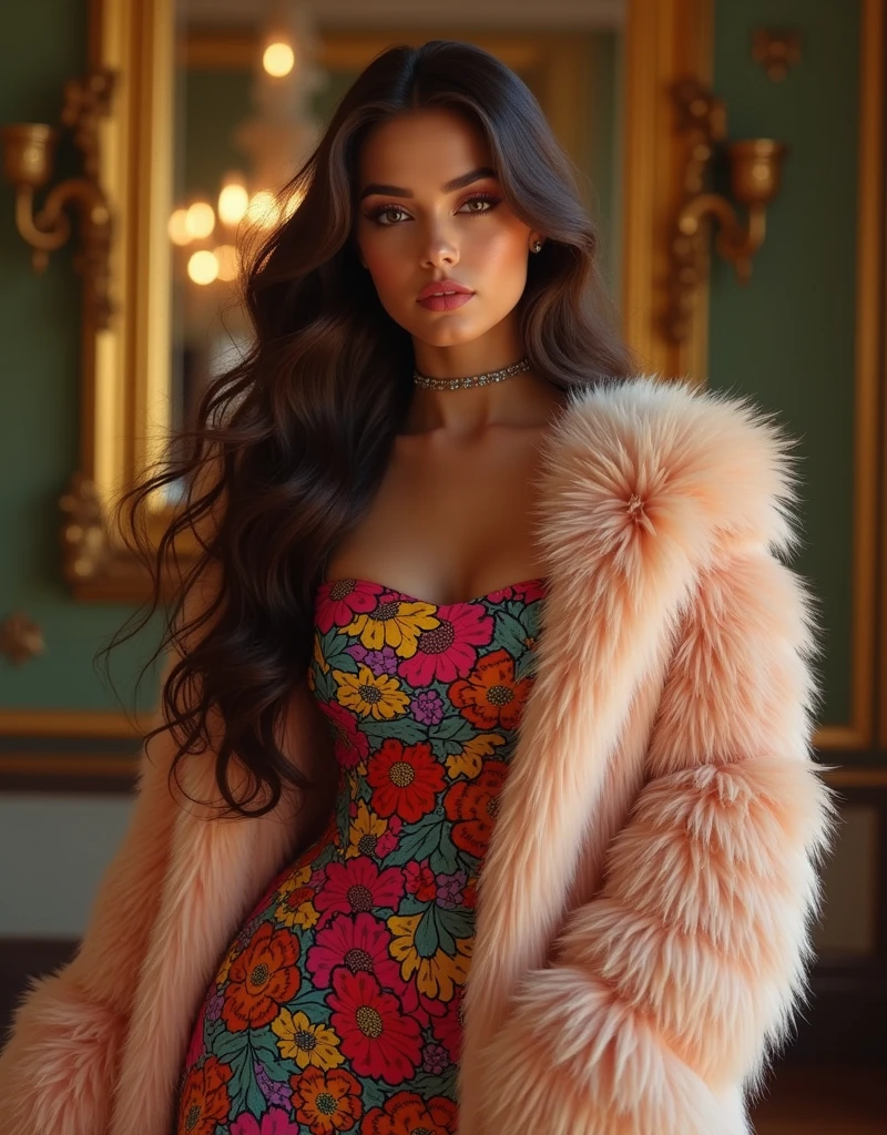 embedding: E-GM\E-Girls_Mansion_Blackee is a girl with long brown hair, normal hips in a colorful dress and fur coat posing for a picture looking at the viewer, wearing edgTM_style fashion, eccentric clothing, 16K, Award Winning, Best Quality, High Quality, Highres, Masterpiece, Super Detail, Photography Style, Photorealism Style, Hyperrealism Style, Hyper maximalist, Fashion Photography, Glamour Photography, embedding:Positive\epiCPhoto,
