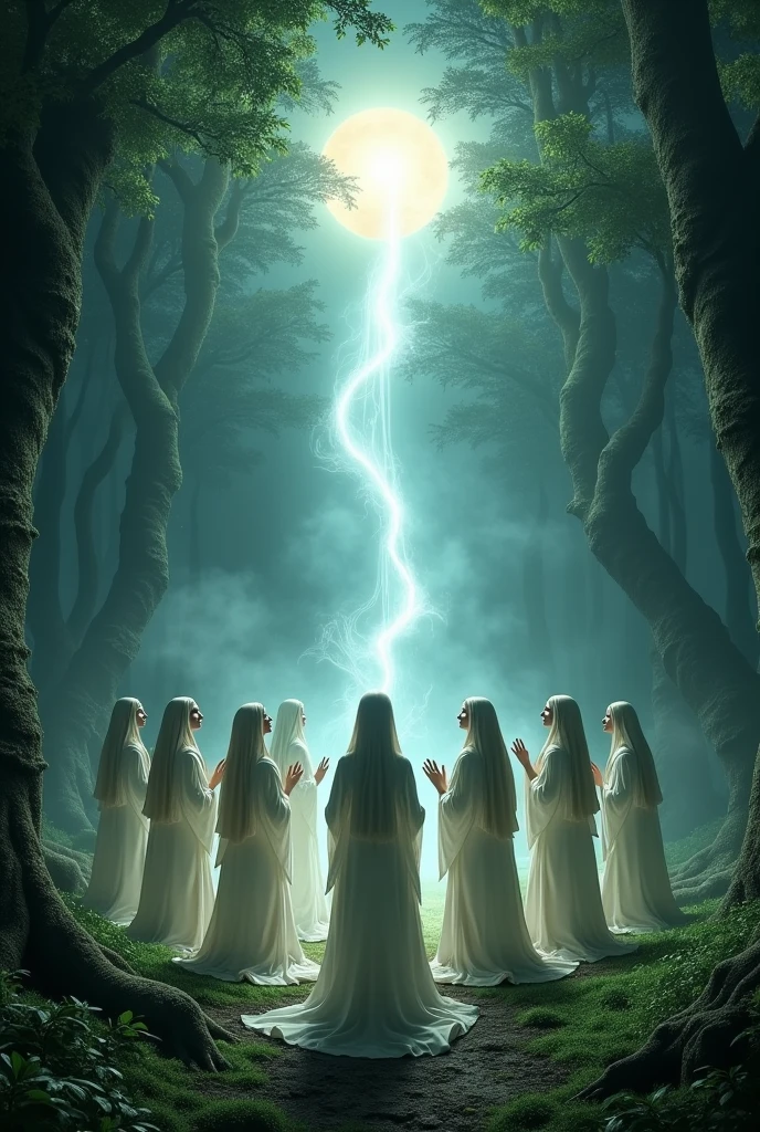 Create an image of 9 women praying inside a forest at night and the holy spirit flying around them