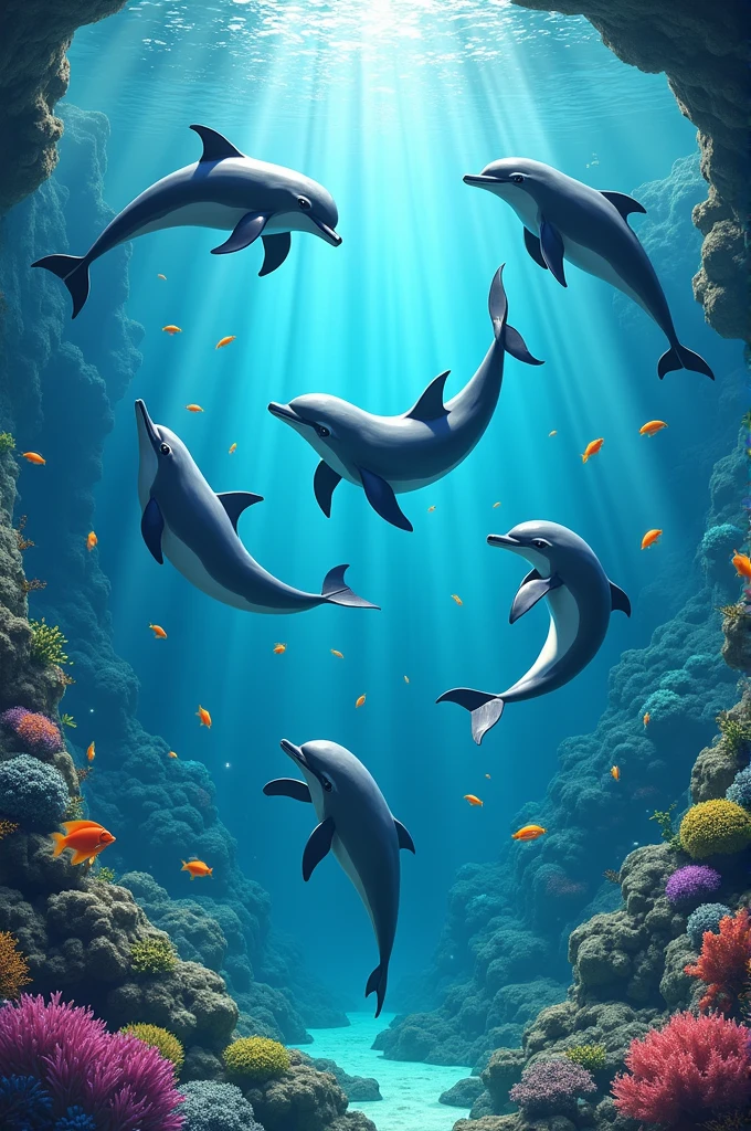Several Dolphins twerking over fish acuarium