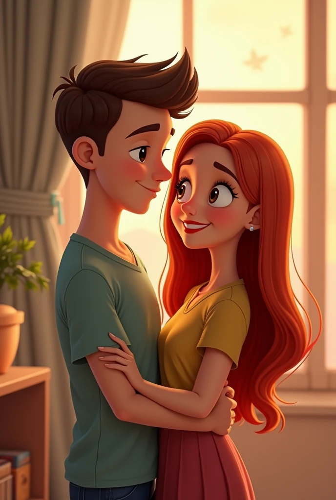 Animated Couple Relationship: White man with straight brown hair, 2, and brunette woman with straight red hair, 1