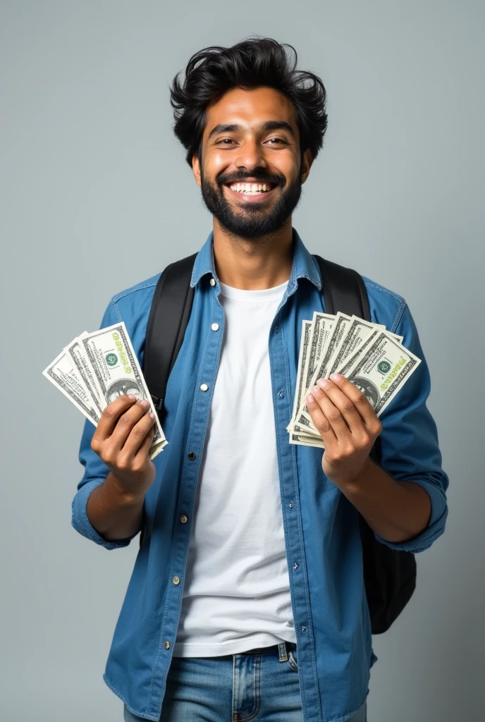The image shows a young Indian man with clear eyes with a big smile on his face, holding a bunch of money in his right hand. He is wearing a blue button-down shirt, a white t-shirt, and blue jeans. He has a black backpack slung over his shoulder and is standing against a grey background. The man appears to be happy and confident, with a slight smile on one hand and a slight frown on his lips. The money in the man's left hand is a mix of clear US dollar bills, and he is holding it up in the air with both hands
