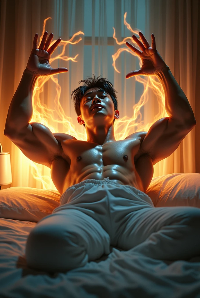 A muscular korean waking up with elastic powers, his arms are twisted and elongated super long than normal length