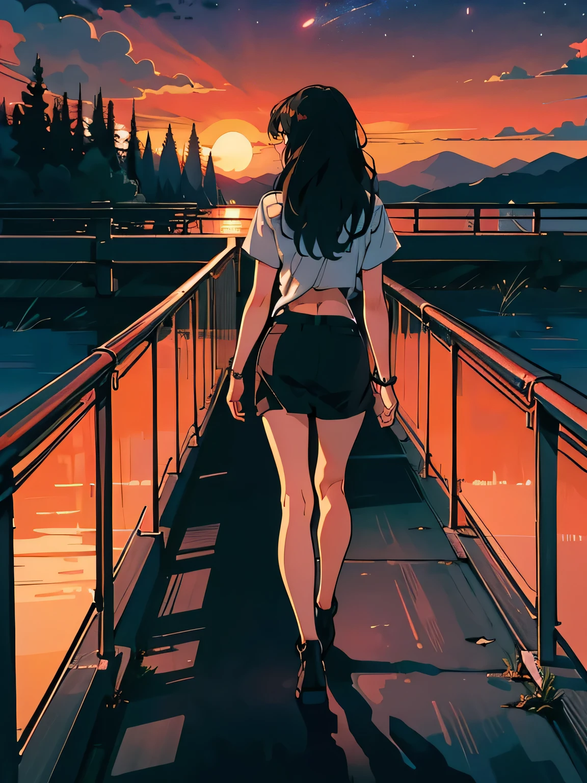 A woman twilight on a pedestrian bridge in the night. long hair. The sunsets . Fantastic night sky. Close-up of upper body. Oblique back view, high quality down to the last detail. Fantastic landscape . (((Full body)))