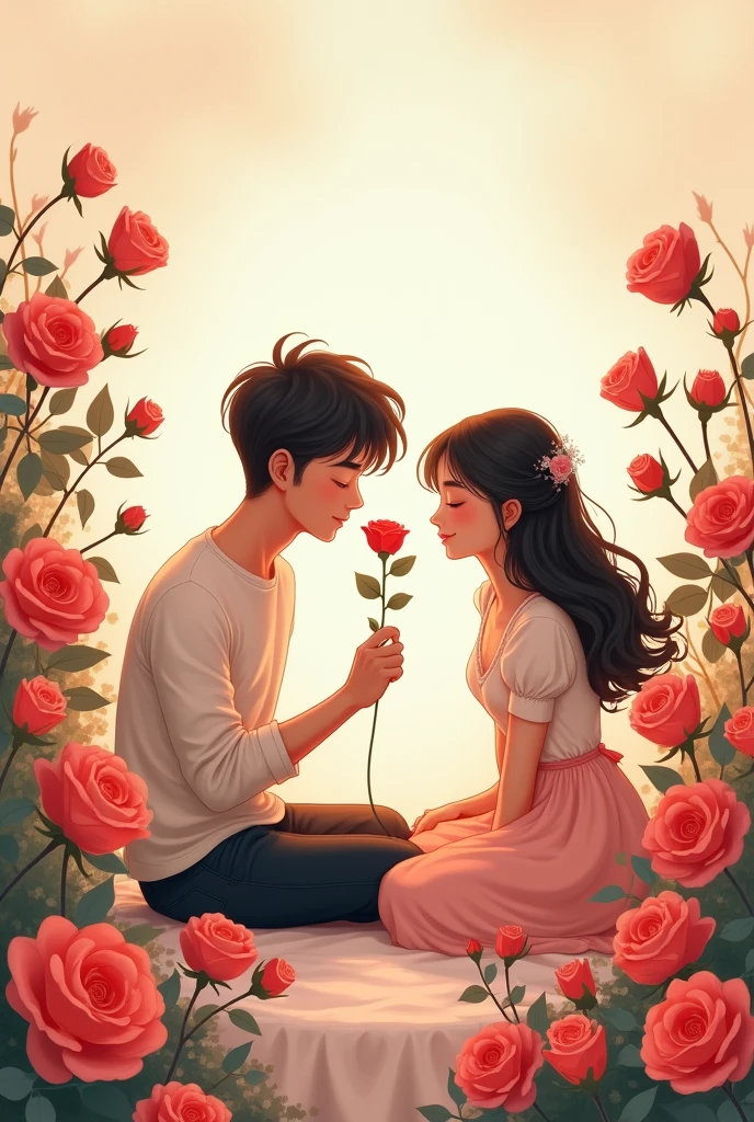 Create a 2d couple sitting in roses drawingwith the male having a rose in hand