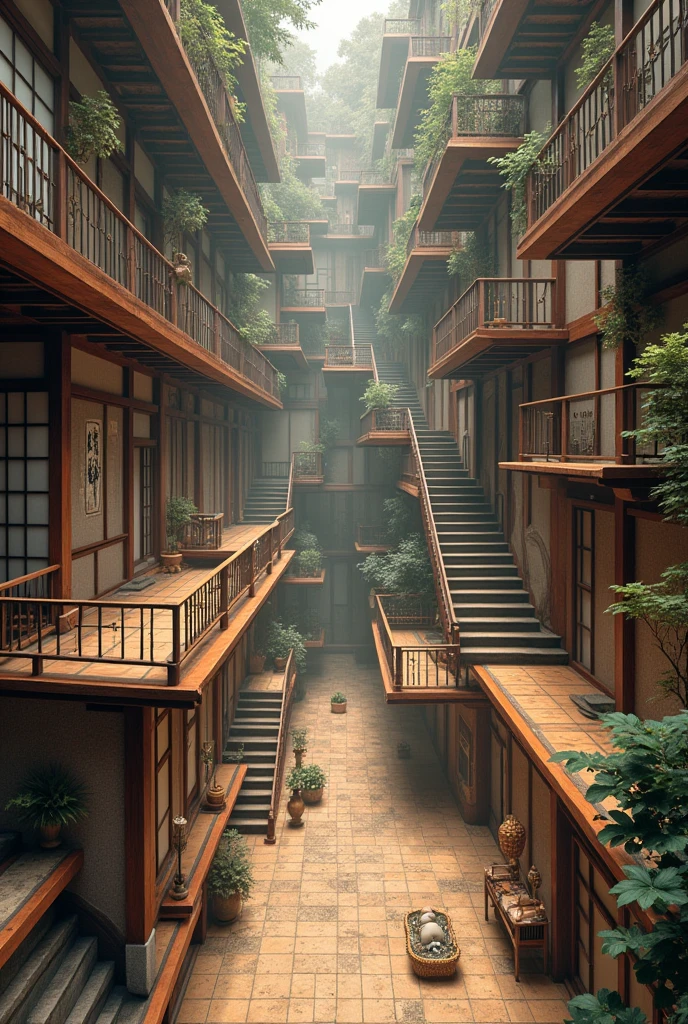 Infinitely large extra-dimensional space in a non-symmetrical MC Escher labyrinth style. It consists of several living rooms, various corridors, various endless halls and many stairs in a Japanese style. There is no ceiling. It has a distorted sense of gravity, allowing the rooms to be upside down or perpendicular to the stairs. Its physics is distorted. Its structure and random layout. [Japanese style] [para-dimensional] [Infinity forteresses] [MC Esher Labyrinth]
