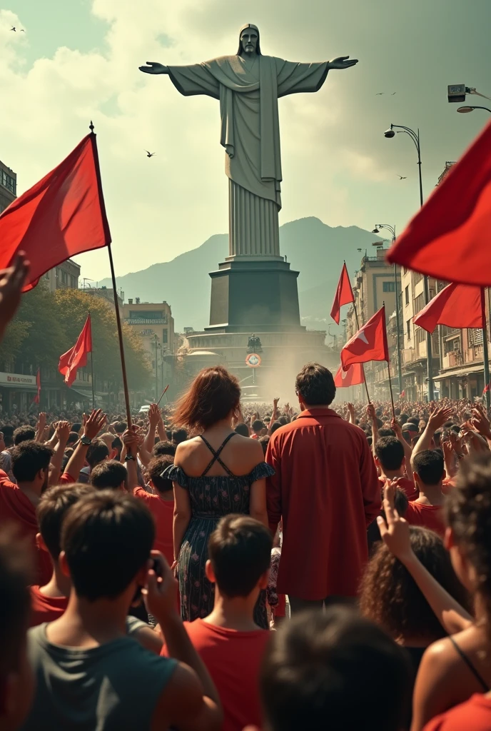 Luis Carlos Prestes and Olga Benário in a communist revolution in Rio de Janeiro in front of Christ the Redeemer as if the photo had been taken by a drone