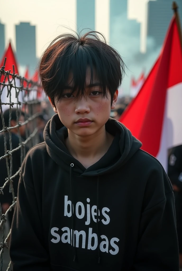 close-up photography of a student, emo hair, wearing a black hoodie with the words "bojes sambas", expression of disappointment, anger, standing next to a barbed wire fence, while holding a large and many red and white flags, Background: demo atmosphere, afternoon, flare smoke, Jakarta city, lots of police, Canon water cars, very chaotic atmosphere, dramatic, realistic, lots of students, 34k ultra full HD.