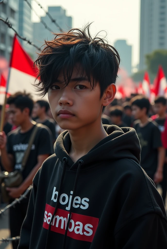close-up photography of a student, emo hair, wearing a black hoodie with the words "bojes sambas", expression of disappointment, anger, standing next to a barbed wire fence, while holding a large and many red and white flags, Background: demo atmosphere, afternoon, flare smoke, Jakarta city, lots of police, Canon water cars, very chaotic atmosphere, dramatic, realistic, lots of students, 34k ultra full HD.