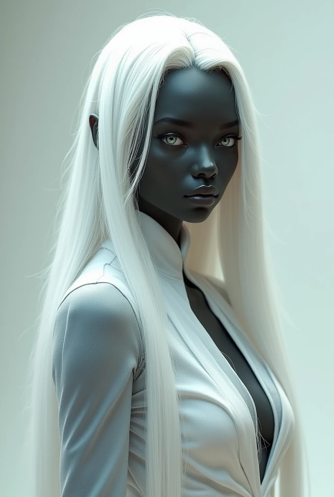 darkskin, very long white hair, snake eye, white outfit