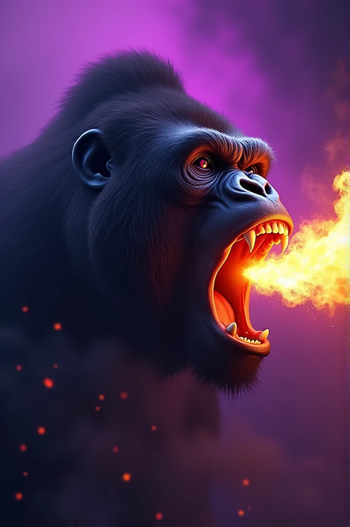 gorilla head spitting fire,purple backdrop,purple pupil,realisitic