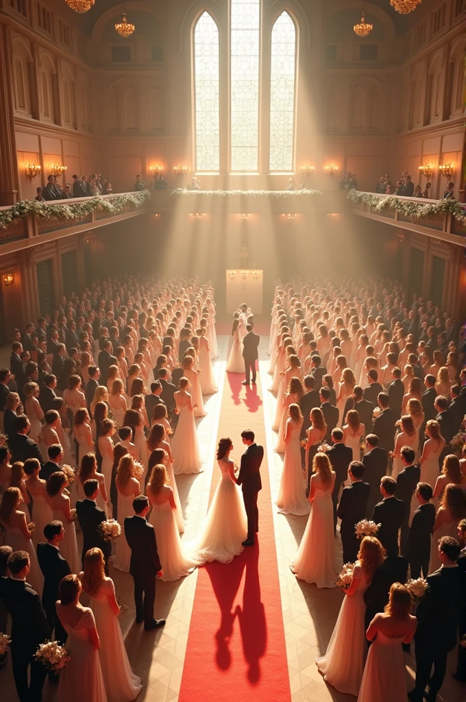 Many beautiful couples have come to a wedding ceremony.
Everyone is in the hall room.