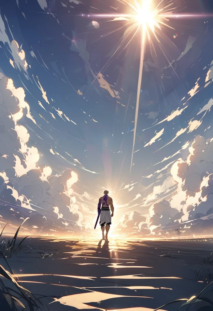 A short man with gray hair and a muscular body, holding a purple katana while walking towards the sun.