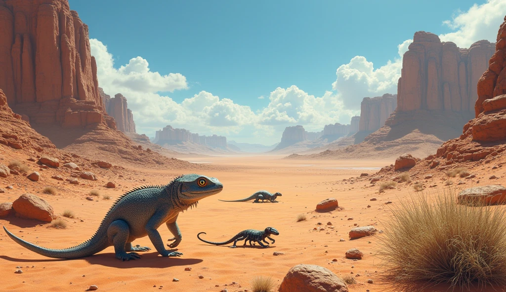 A gray lizard, a small scorpion and a rattlesnake in the desert.