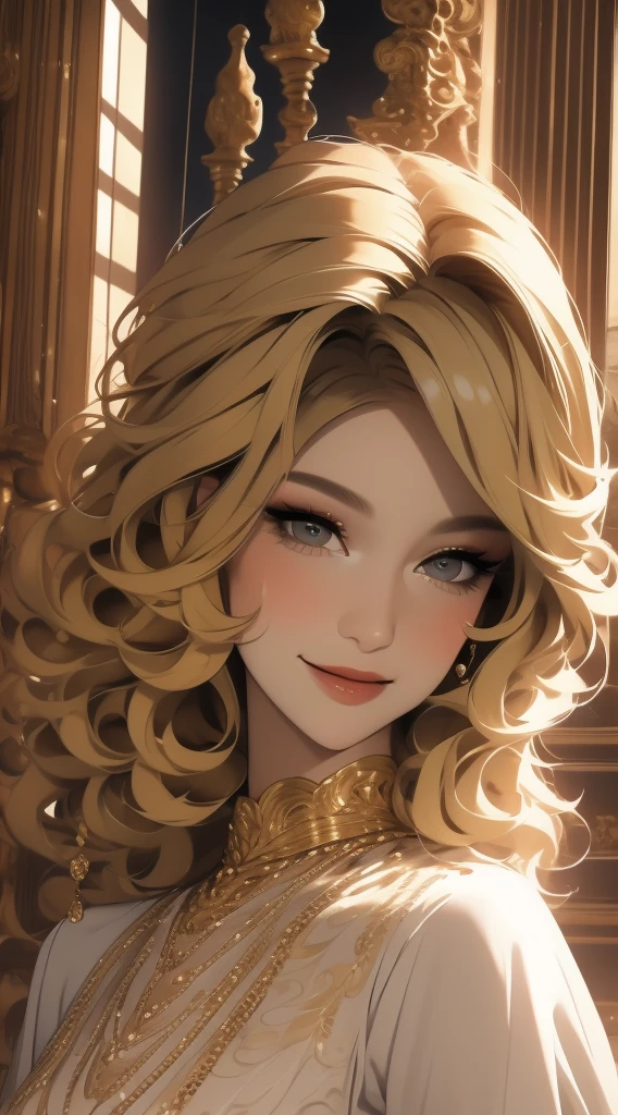 1 woman, alone, mature woman, curly blonde hair, long hair, blonde wings, wearing a dress (with makeup), portrait, (smiling), focus on face