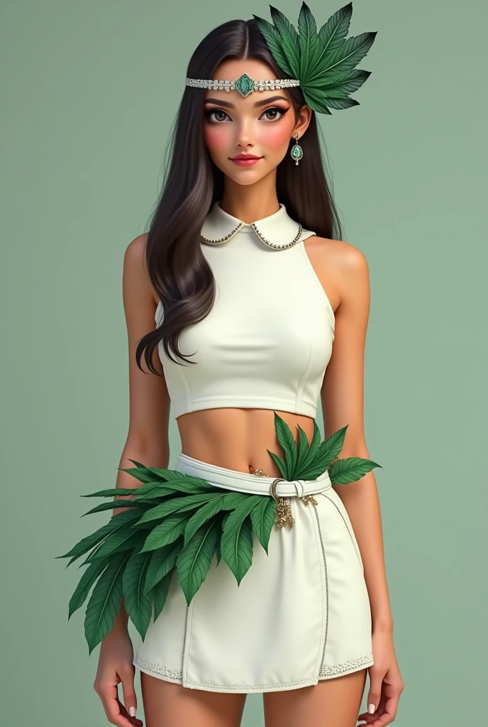 dressed in a short white thigh-length skirt, with a white belt that has green and dark feathers stuck to it, white sleeveless crop top with an accessory made up of feathers in different shades of dark green worn on the side of the head, held by a band that wraps around the forehead.