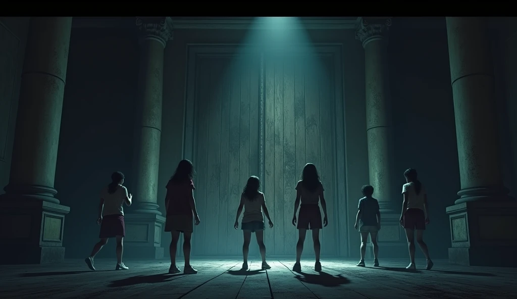 A massive wooden door slamming shut with a loud bang. Neha and her friends are looking shocked and scared, trapped inside the dark mansion, with their flashlights casting long, eerie shadows."