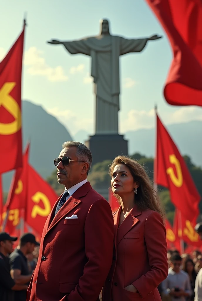 Luís Carlos Prestes and Olga Benario at Christ the Redeemer with communist flags